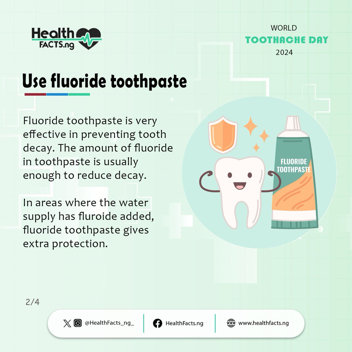 HealthFacts_ng_'s tweet photo. #WorldToothacheDay serves as a reminder of the importance of oral hygiene and dental care. It encourages individuals to take proactive steps to prevent toothaches and other dental issues.
Here are 4 ways to give your teeth the best care they deserve. Read, learn, and share. https://t.co/E4LCLXTE3S
