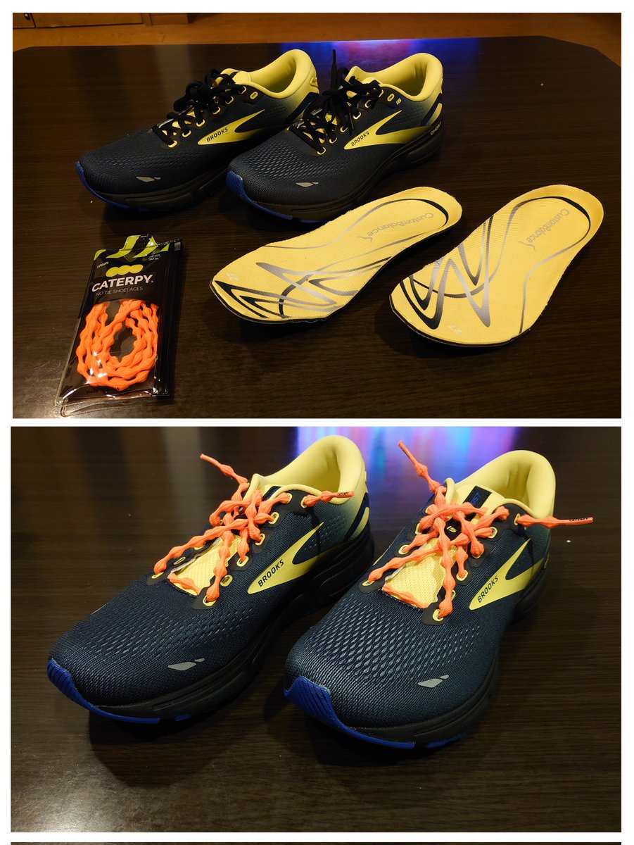 Hiro_Zzzz's tweet image. 色んな靴ひもの通し方試してたら、こんな時間になってた😪
これでランニングシューズのリニューアル完了✌️本番に向けて頑張るぞ🏃
 #BROOKS
 #Ghost15
 #CATERPY
 #CBインソール