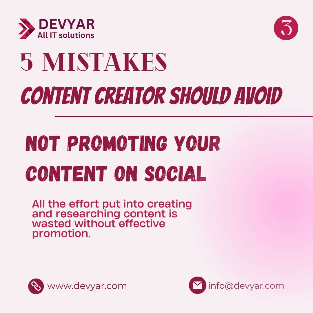 DevyarSoftware's tweet image. 🚫📢 &quot;5 Mistakes Content Creators Should Avoid: Not Promoting Your Content on Social!&quot; 🚫📱

Are you making these critical mistakes as a content creator? Here are five pitfalls to avoid if you want your content to shine

#Devyar #softwaredevelopment #softwareengineer