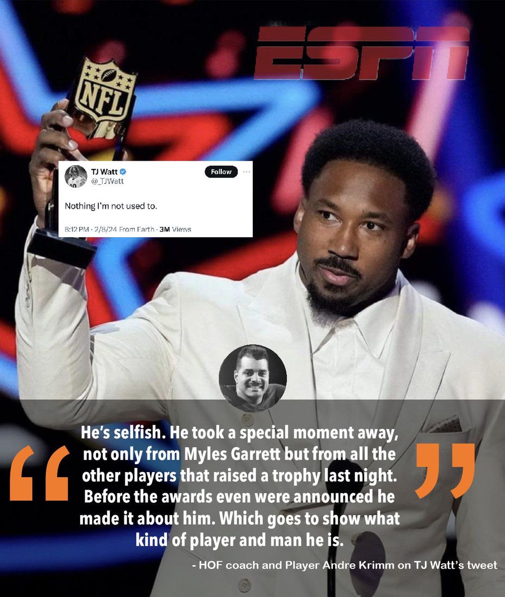 Wow, players and coaches are starting to talk about TJ Watt’s actions. Do you think his selfishness took away from Myles Garrett and the other award winners last night? #NFL