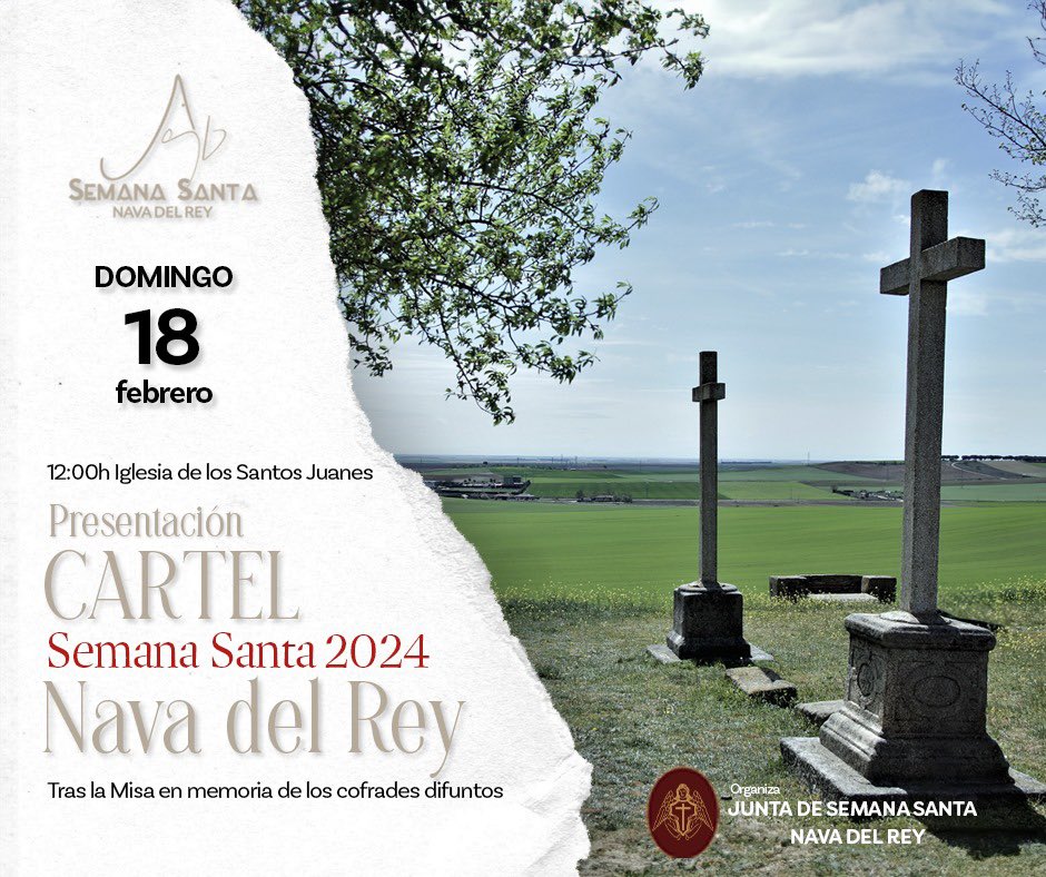 📯 𝐏𝐑𝐄𝐒𝐄𝐍𝐓𝐀𝐂𝐈𝐎́𝐍 𝐂𝐀𝐑𝐓𝐄𝐋 𝐃𝐄 𝐋𝐀 𝐒𝐄𝐌𝐀𝐍𝐀 𝐒𝐀𝐍𝐓𝐀 𝟐𝟎𝟐𝟒 - 𝐍𝐀𝐕𝐀 𝐃𝐄𝐋 𝐑𝐄𝐘 📜
🎉 ¡Se acerca la Semana Santa 2024 de Nava del Rey y tenemos la primera cita imprescindible! 🎉
📆 ¡Agenda el domingo 18 de febrero a las 12:00h! 📆
#CartelOficial