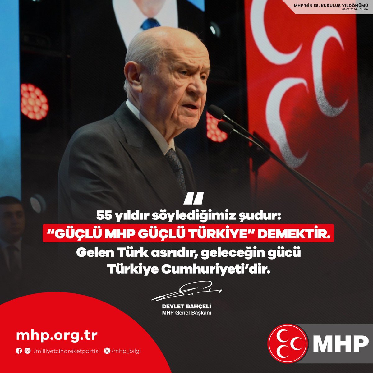 55 yıldır söylediğimiz şudur: “Güçlü MHP Güçlü Türkiye” demektir. Gelen Türk asrıdır, geleceğin gücü Türkiye Cumhuriyeti’dir.

MHP Genel Başkanı
Devlet BAHÇELİ