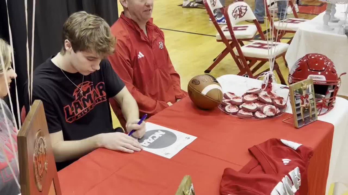 Harmony's Tyson Jenkins signed with Lamar University's football program today. Watch his interview here: tinyurl.com/29xrxe4p
<a href="/tysonjenkins0/">Tyson Jenkins</a> <a href="/LamarUniversity/">Lamar University</a>