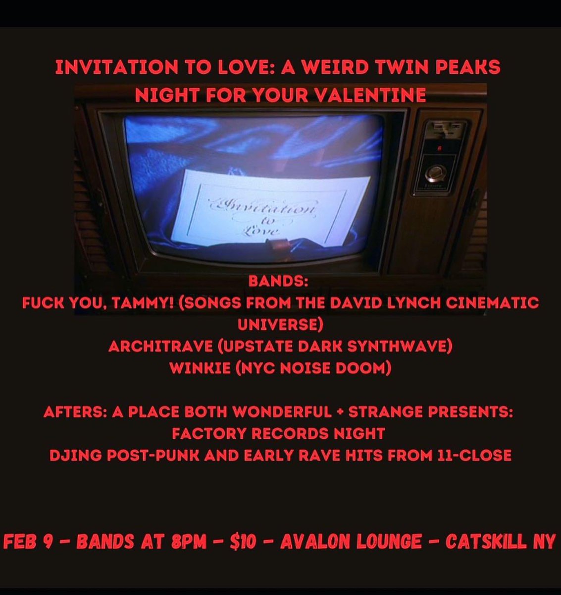 TONIGHT in Catskill! A romantic, somewhat Twin Peaks- themed night at The Avalon! ❤️