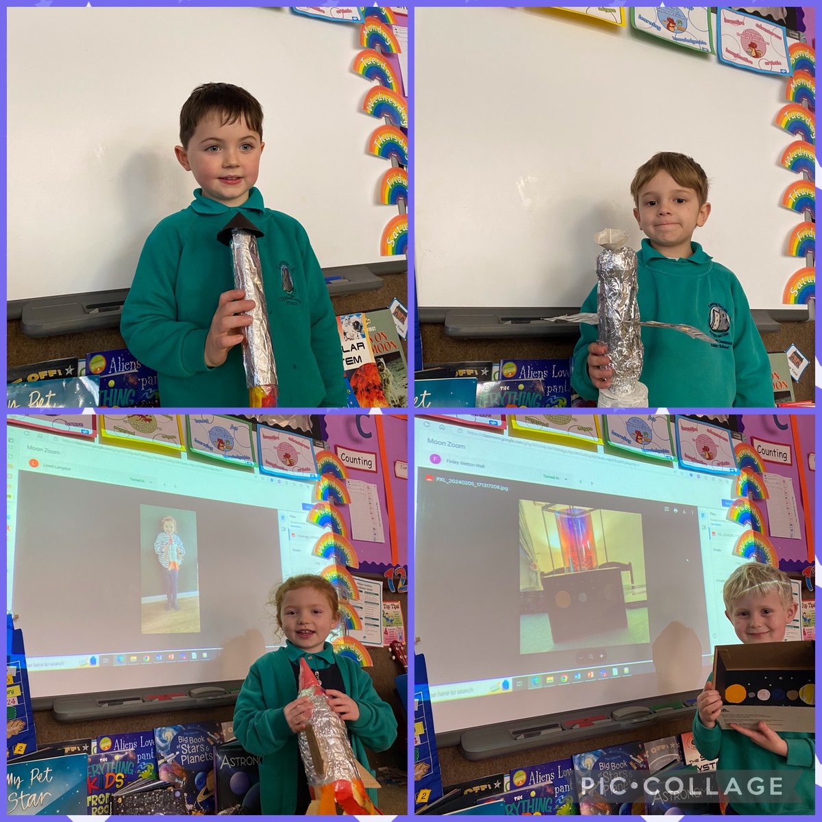 PrimaryCp's tweet photo. A fabulous end to the half term for Reception. The children enjoyed sharing their homework projects with the class, they were all AMAZING!
#moonzoom
#ambitiouscapablelearners https://t.co/tBhkd2DoZq