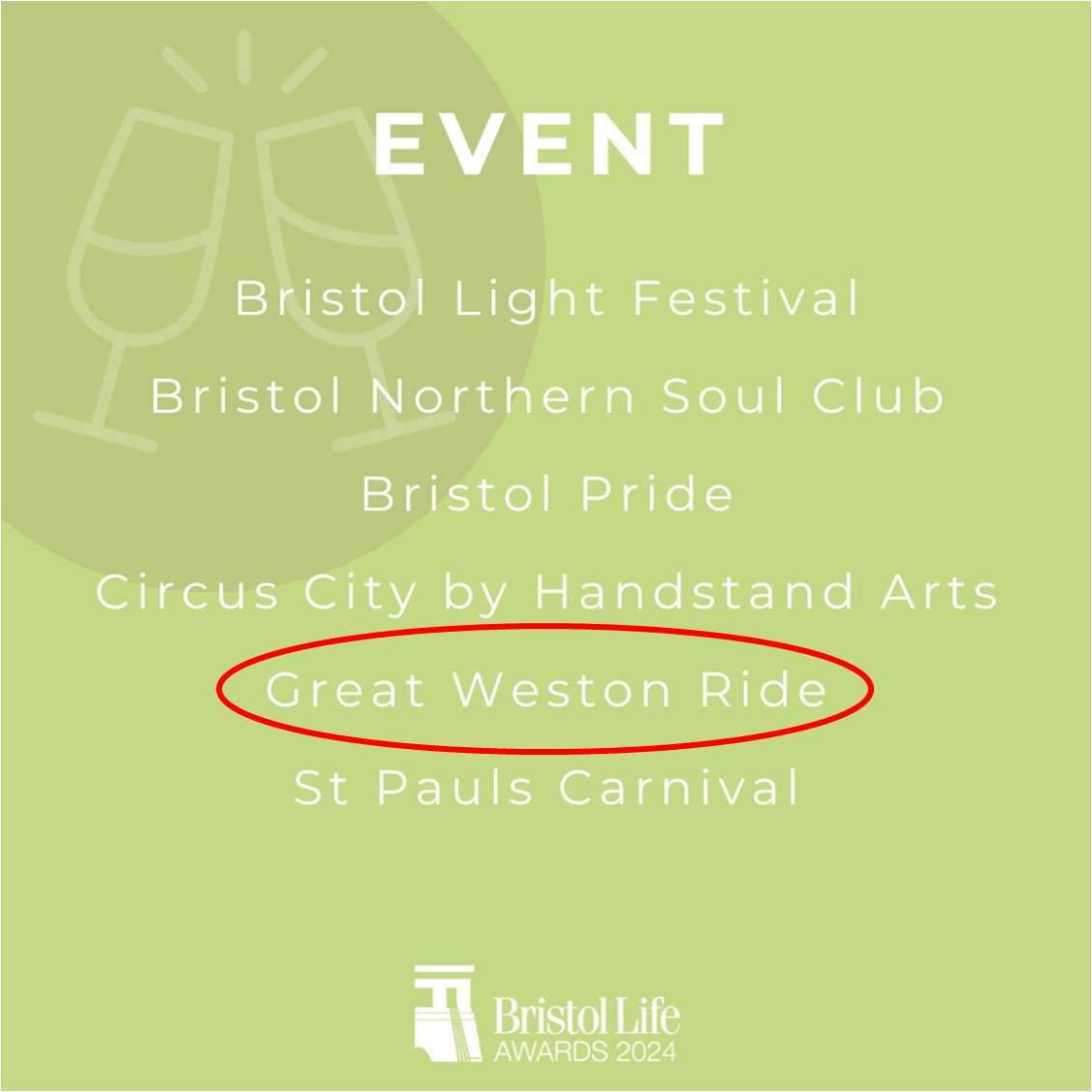 Eight. Huit. Ocho. Neun.

Say it in as many languages as you like, but that's the number of years that <a href="/GreatWestonRide/">Great Weston Ride</a> has been up for 'Best Event' in #Bristol - IN. A. ROW.! 😵😍