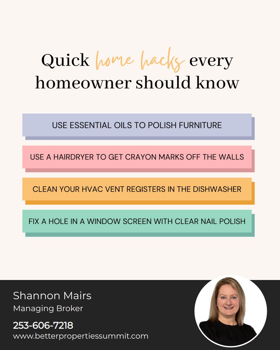 Effortless home maintenance is all about smart hacks: 🪑 Essential oils for furniture polish 🎨 Hairdryer for crayon mark removal 🌬️ Dishwasher for clean HVAC vents 💅 Clear nail polish to fix window screens Home care just got easier!