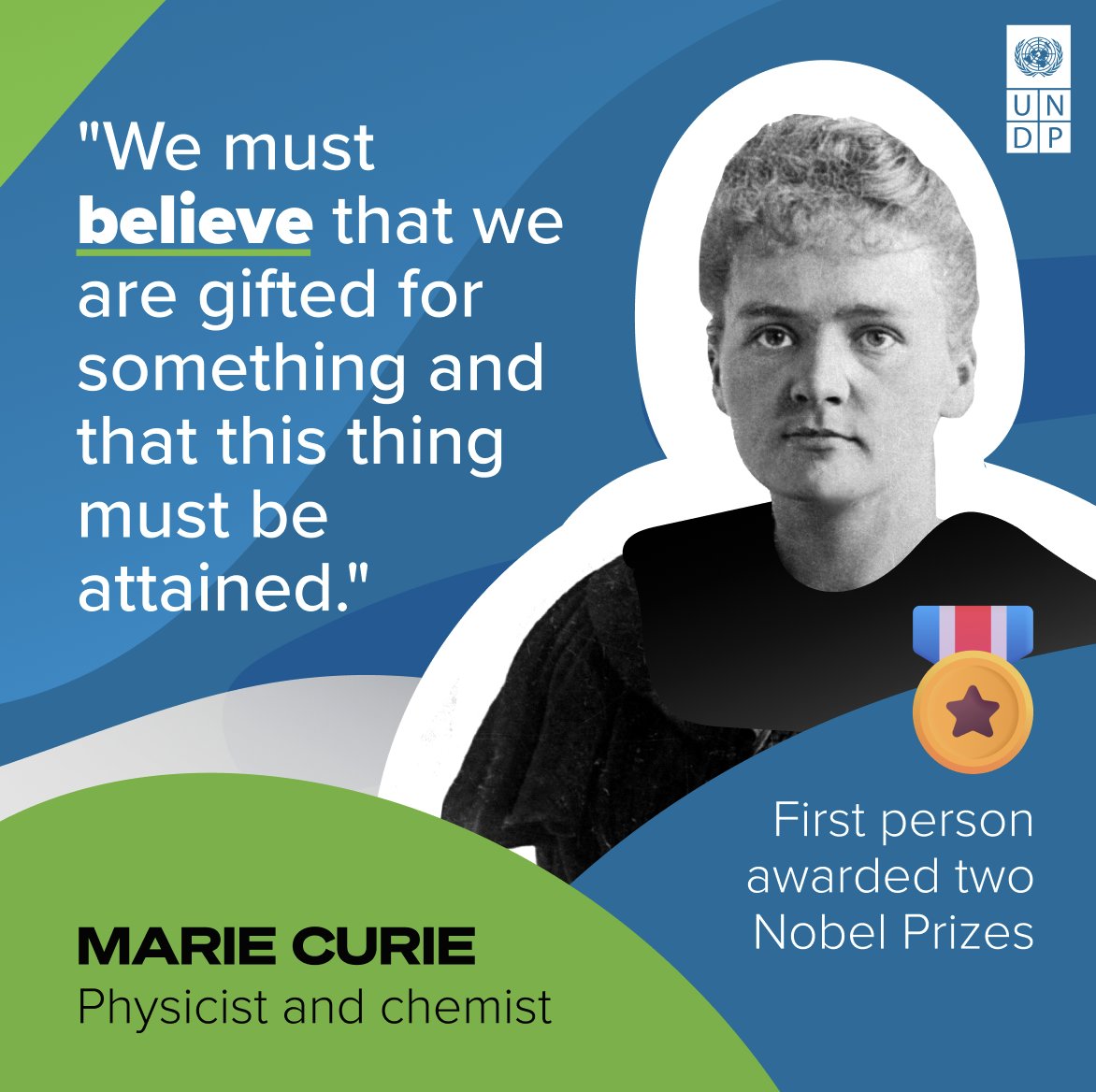 UNDP's tweet photo. Today is International Day of Women and Girls in Science 👩🏿‍🔬👩🏼‍🔬👩🏾‍🔬

As we celebrate, we reflect on the life and work of Marie Curie, the first woman to win a @NobelPrize, who still inspires us all to reject the stereotypes that hold women back.

Who are your #WomenInScience heroes? https://t.co/xwNDBoZ0mQ