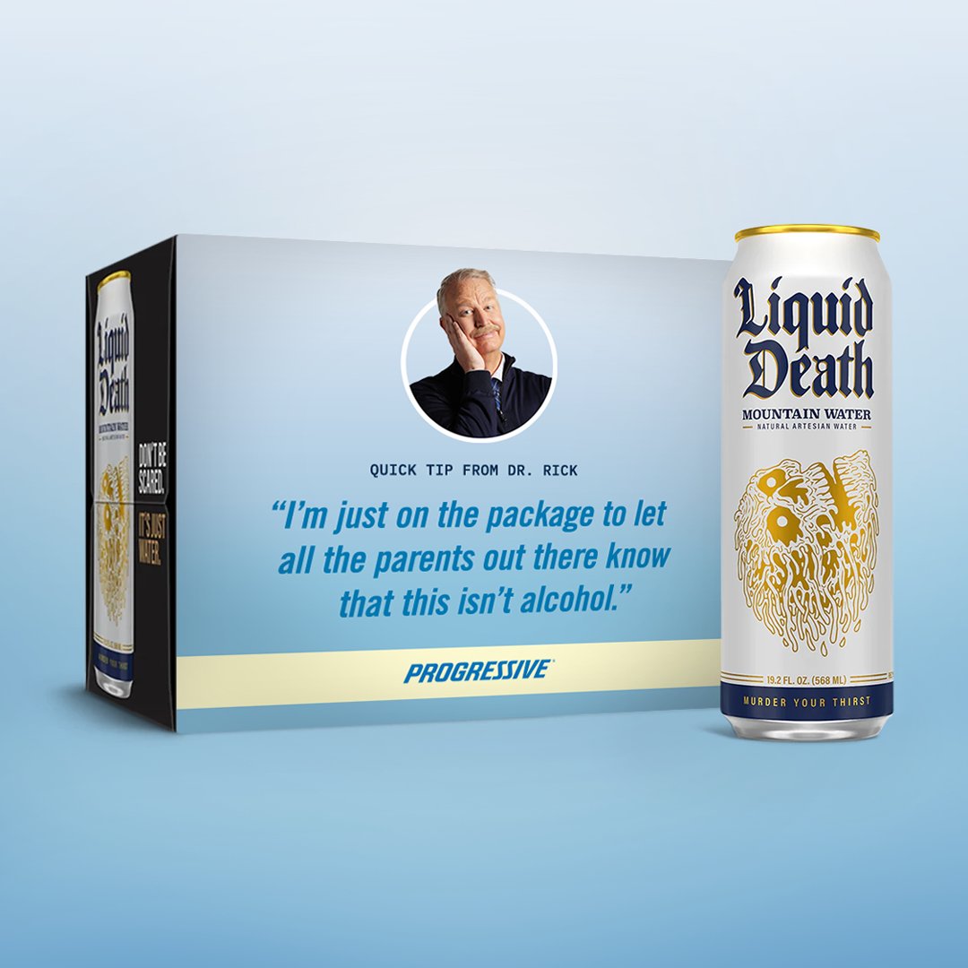 <a href="/LiquidDeath/">Liquid Death</a> Being on the side of a box of water that confuses parents everywhere? Sounds like the perfect place for Dr. Rick. #BiggestAdEver