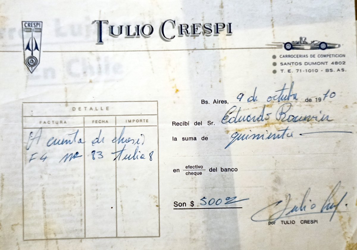 DOCUMENTO!
La mejor prueba de cómo <a href="/tuliocrespi/">tulio crespi</a> constribuyó al crecimiento de la Fórmula 4. No se trataba sólo hacer autos sino de venderlos a pagar en cuotas a quienes no podían pagarlos en efectivo.
Este recibo se lo hizo a Eduardo Bouvier en 1970, a cuenta de un Tulia 8...