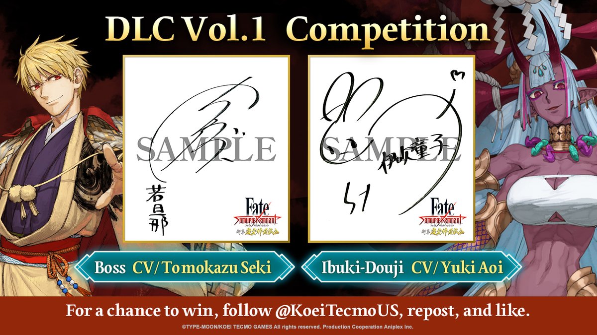 KoeiTecmoUS's tweet image. To celebrate the release of #FateSR DLC Vol.1 "Record's Fragment: Keian Command Championship", we are giving away two Voice Actor Shikishi boards.  

To enter:

1) Follow us &amp;amp;  Repost the Launch trailer 
2) Give it a Like

Must be in North America~

Entries close on February 18.