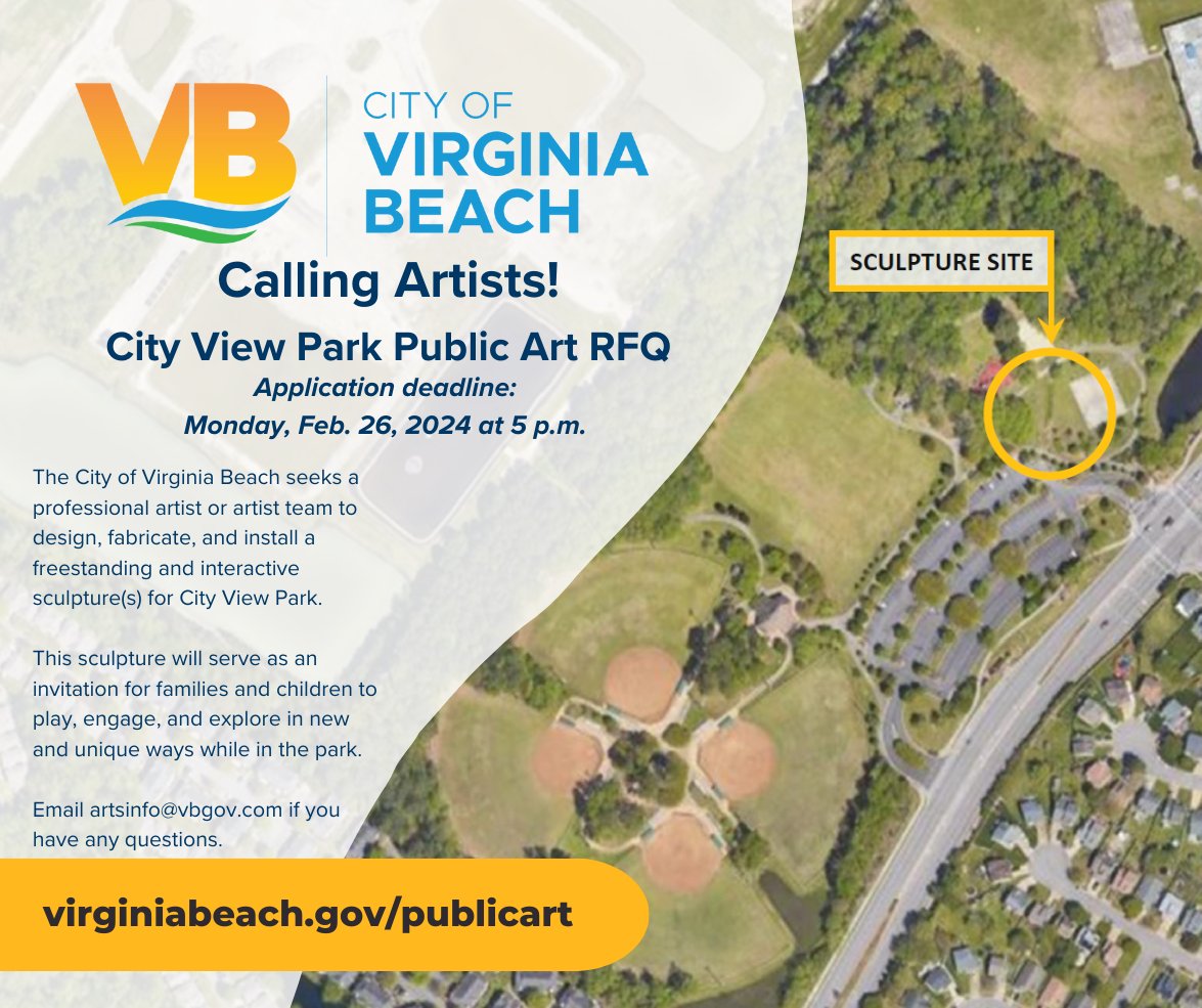 The @CityofVaBeach seeks a professional artist or artist team to design, fabricate, and install a freestanding and interactive sculpture(s) for City View Park. Application deadline: Monday, Feb. 26, 2024 at 5 p.m. Learn more at virginiabeach.gov/publicart. #vbarts #vbpublicart