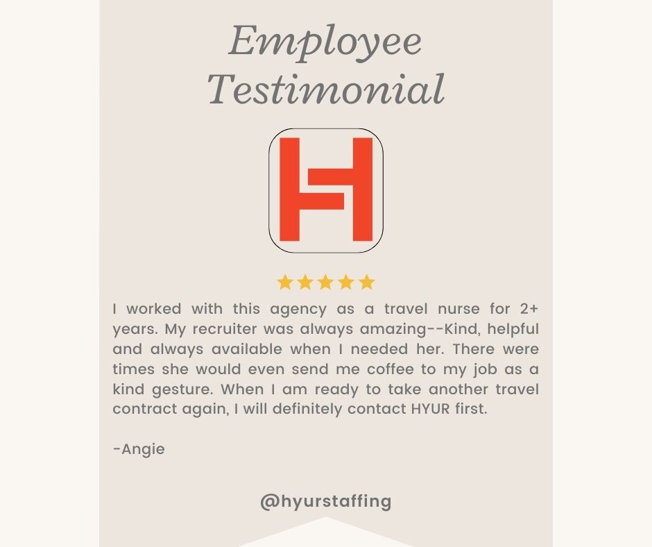 #tuesdaytestimonial
Such heartwarming words from our dedicated travel nurse, Angie! At HYUR, we strive to provide unparalleled support & personalized care to all. Your trust & satisfaction fuel our passion to excel. We can't wait to embark on more adventures with you! 💼✈️☕️