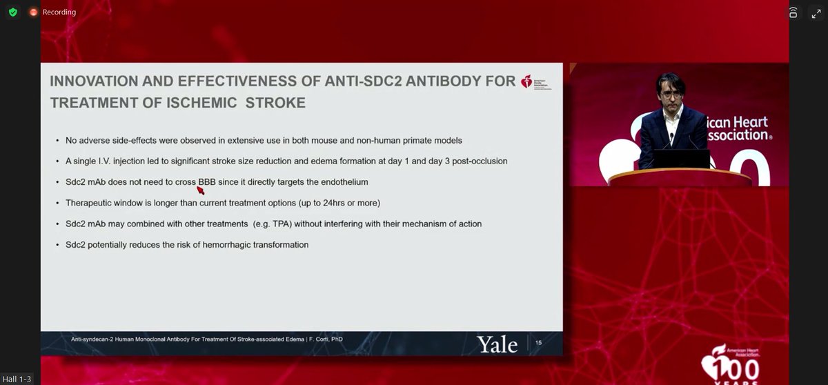 NN_publishing's tweet photo. Federico Corti delivers late-breaking research demonstrating that delayed therapy with a novel human monoclonal antibody (anti-Sdc2 mAb) was able to prevent formation of vasogenic oedema and promote neuroprotection in non-human primates with ischaemic #Stroke 
#ISC24 #ISC2024 https://t.co/kcpTvBVORJ