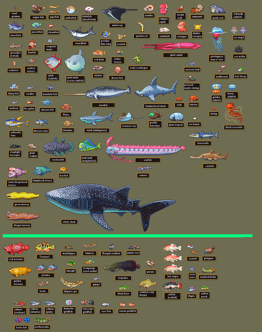 Neoriceisgood's tweet photo. Added a bunch of new fish and split them by Ocean &amp; River biome!  The river side is looking a bit barren though! Anyone got some cool river fish suggestions? Give me your worst ... or best! #pixelart https://t.co/RsUlOPvhNC