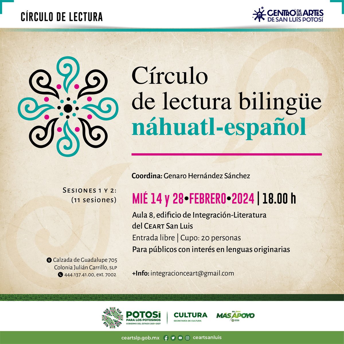 seculturaslp's tweet photo. 🗣 Te invitamos al círculo de lectura bilingüe, náhuatl-español
Consta de 11 sesiones y en este mes de febrero, las dos primeras serán el 14 y 28 de febrero, a las 18h⏰
📍 Aula 8, edificio de Integración-Literatura del @CEARTSLP
🎟 Entrada libre

#CEARTSLP #másapoyoencultura https://t.co/nfE2str0vx