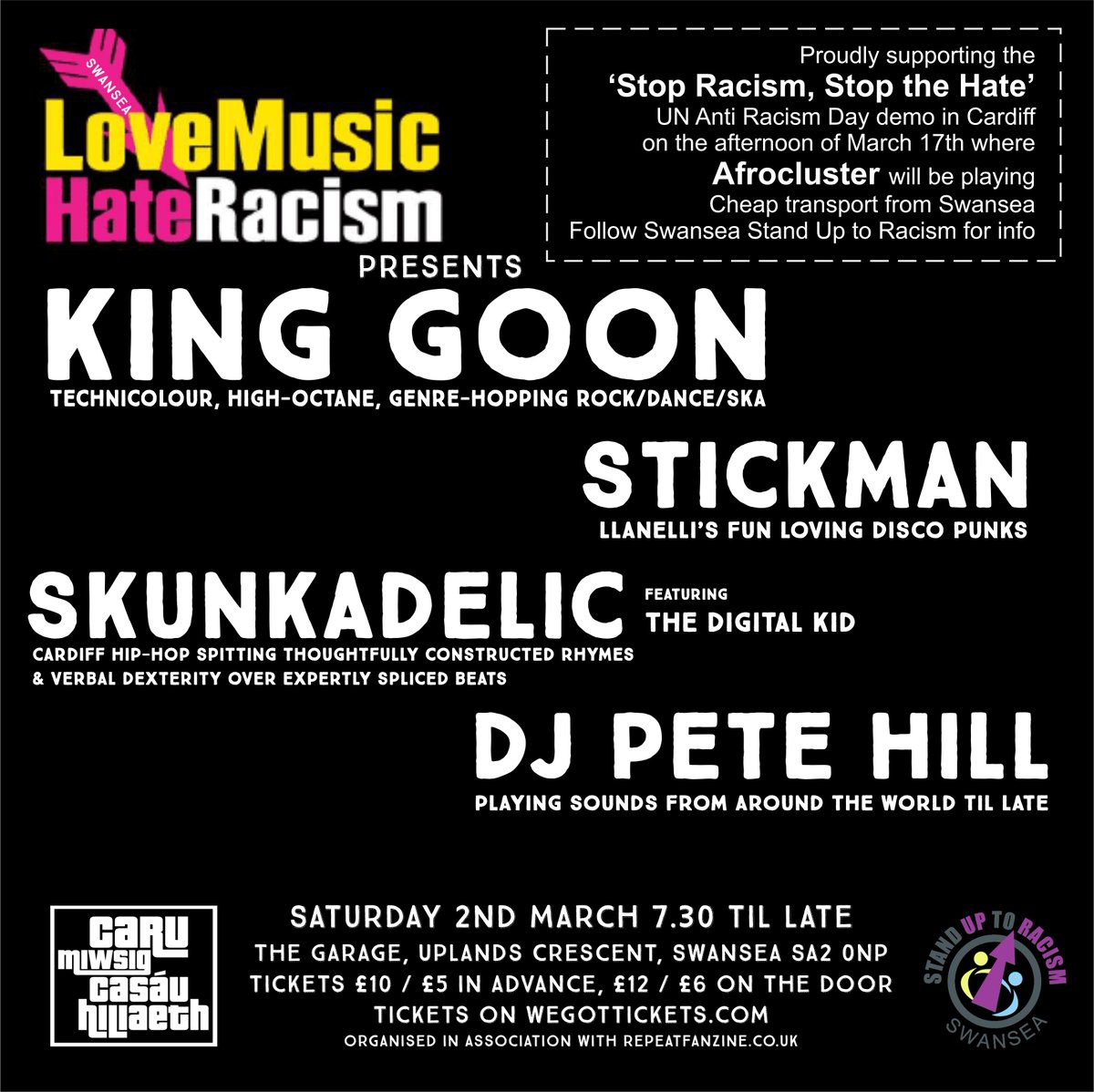 Pleased & proud to be involved with Wales @lmhrnational gig building the @AntiRacismDay Wales demo in Cardiff. On March 2nd at The Garage we present @KingGoonUK @stickmanbanduk & @Skunkadelicuk plus late night DJ. Cheaper advance tickets here wegottickets.com/event/609033 @sutr_wales