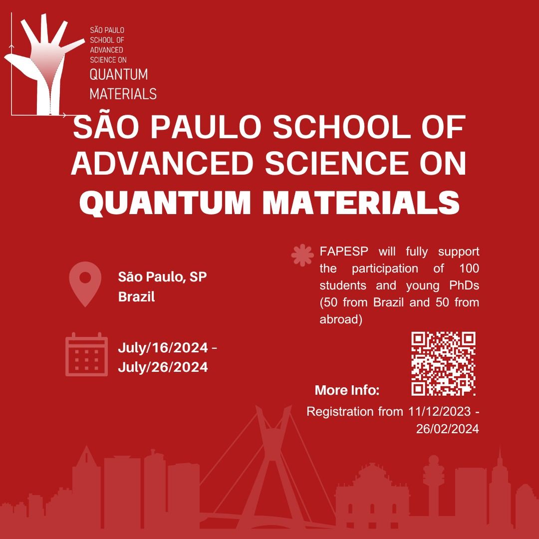 Time is running out to register for the São Paulo School of Advanced Science on Quantum Materials! Don't miss your chance to be part of this exciting event. 
Registration closes on February 26th. Secure your spot now! #QuantumMaterials #ScienceSchool

portal.if.usp.br/quantum_materi…