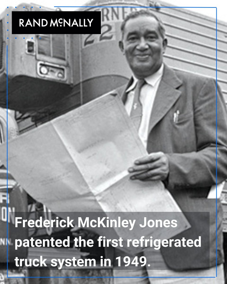 randmcnally's tweet photo. Trucking History Spotlight: Fredrick McKinley Jones, the inventor who made refrigerated trucks a reality! ❄️

His 1949 patent for refrigerated trucks changed the face of transportation, making fresh food accessible across the US. https://t.co/YEGDHpw0d7