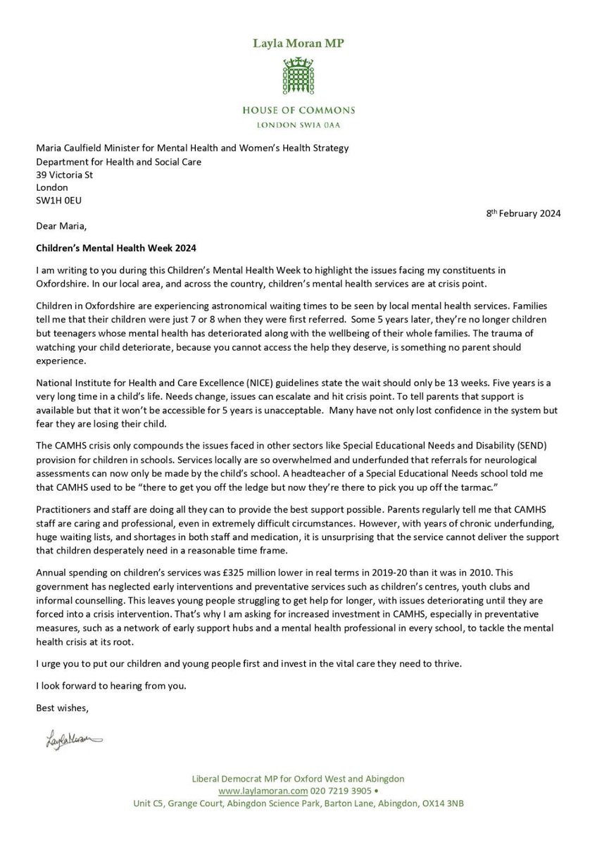 This week, I wrote to @mariacaulfield regarding under-funding in our mental health services.

CAMHS staff are doing great work, but they're hamstrung by budget cuts. 

It's time that we invested in the care that young people desperately need.

#ChildrensMentalHealthWeek