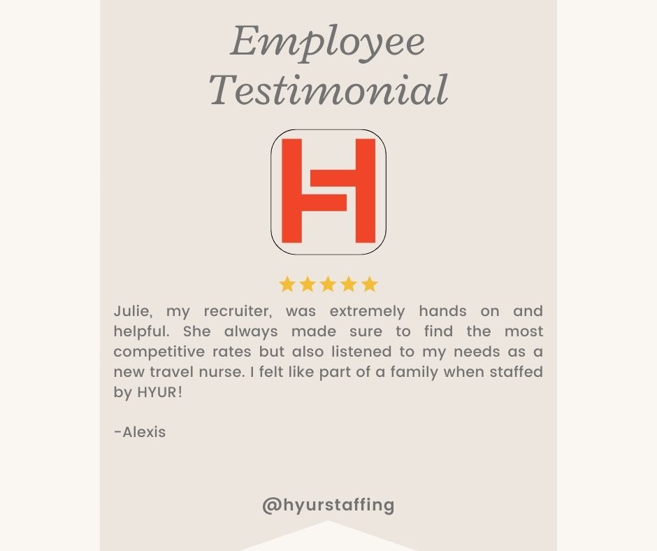 #tuesdaytestimonial
We're overjoyed to share some heartfelt words from one of our incredible travel nurses! ✨

At HYUR, our mission is to support and empower our healthcare heroes every step of the way. Thank you for trusting us with your journey! 💙
#TravelNursing