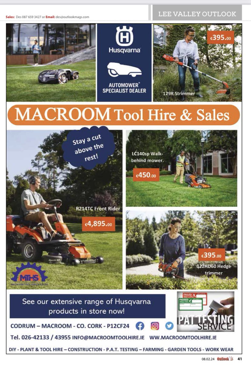 Check us out on page 41 of this weeks <a href="/LeeVOutlook/">Lee Valley Outlook Magazine</a> lots of great <a href="/Husqvarna_IRL/">Husqvarna Ireland</a>  offers in store #spring #springisintheair #Gardening #garden