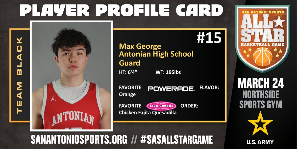 Meet @Max15George from @AntonianBBall who will compete in the San Antonio Sports All-Star Basketball Game at the Northside Sports Gym on March 24th! @usarmysatx #SASAllStarGame @USArmy #BeAllYouCanBe @RudyJBernal1