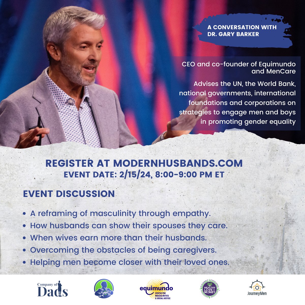 Equimundo (@equimundo_org) on Twitter photo Gary Barker, Equimundo President and CEO, will speak at an upcoming virtual event hosted by <a href="/ModernHusbands/">Modern Husbands Moved to Blue Sky</a> on reframing masculinity, sharing caregiving responsibilities between mothers and fathers, and more.
RSVP: modernhusbands.com/post/event-a-c… Gary Barker, Equimundo President and CEO, will speak at an upcoming virtual event hosted by <a href="/ModernHusbands/">Modern Husbands Moved to Blue Sky</a> on reframing masculinity, sharing caregiving responsibilities between mothers and fathers, and more.
RSVP: modernhusbands.com/post/event-a-c…
