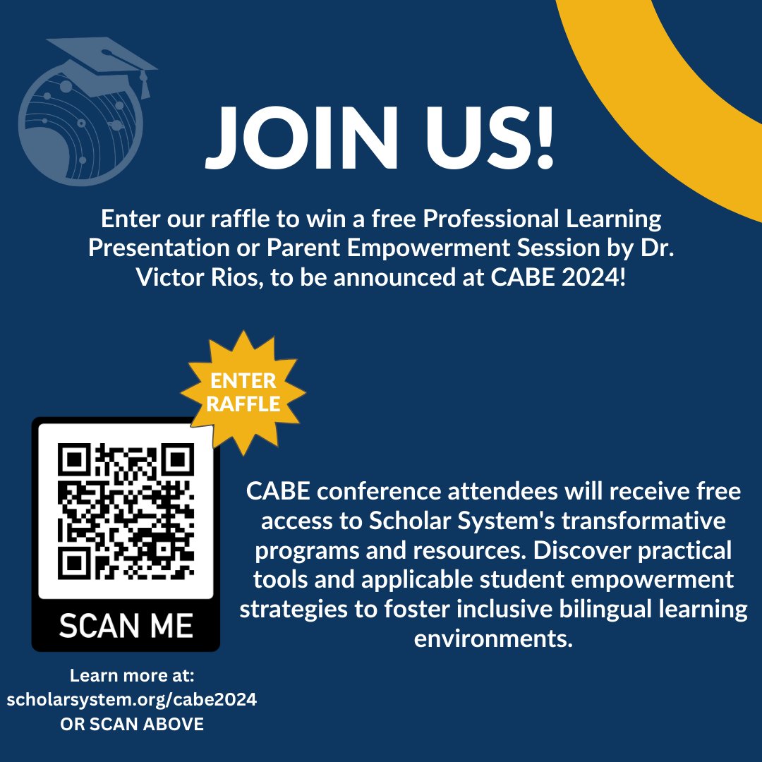 Check out the events Scholar System has lined up at #CABE2024🎉 Also, don't forget to join our raffle – we'll be announcing the winner right there at the conference. You might just be the lucky one!😉 #education #equity #atpromise 

Enter Here: scholarsystem.org/cabe2024/