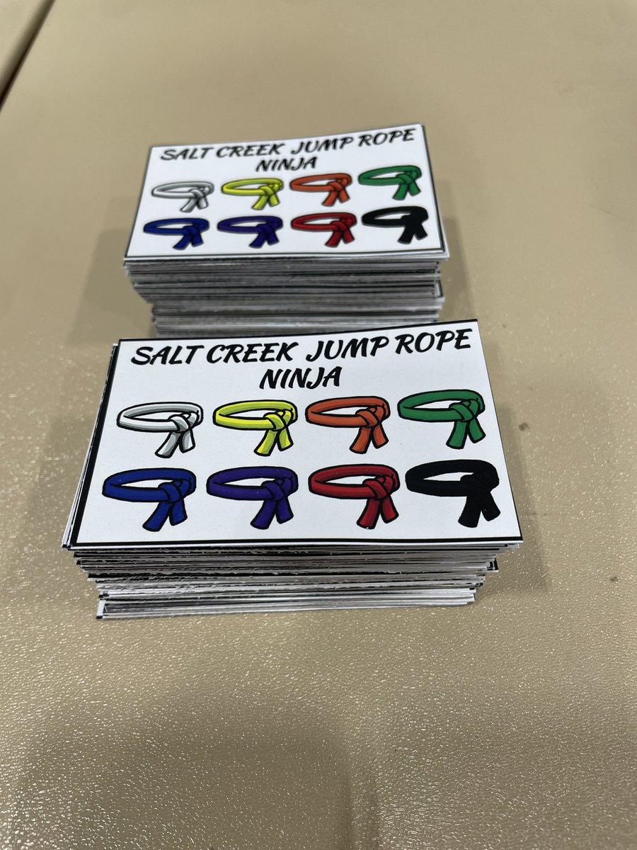 BoPhillips10's tweet photo. @D59SaltCreek is ready for Jump Roping and Ninja Belts next week. TY to @JHudnallPE for the awesome ninja belt card resource. And it isn’t a cowbell @BarbaraBorden9 but we will be loud and proud for those black belts!! #physed #D59PE #jumproping #ninjabelts https://t.co/lkUkOtZFKd