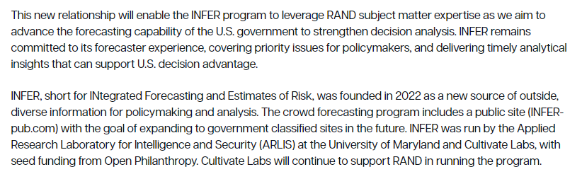 base_rate_times's tweet photo. Forecasting platform @INFERpub is now being run by @RANDCorporation, taking over from @umdARLIS 

@INFERpub is an excellent source of predictions on AI, Iran &amp; Taiwan, among others

(It will continue to use @cultivatelabs tech) https://t.co/0eRboroZJr