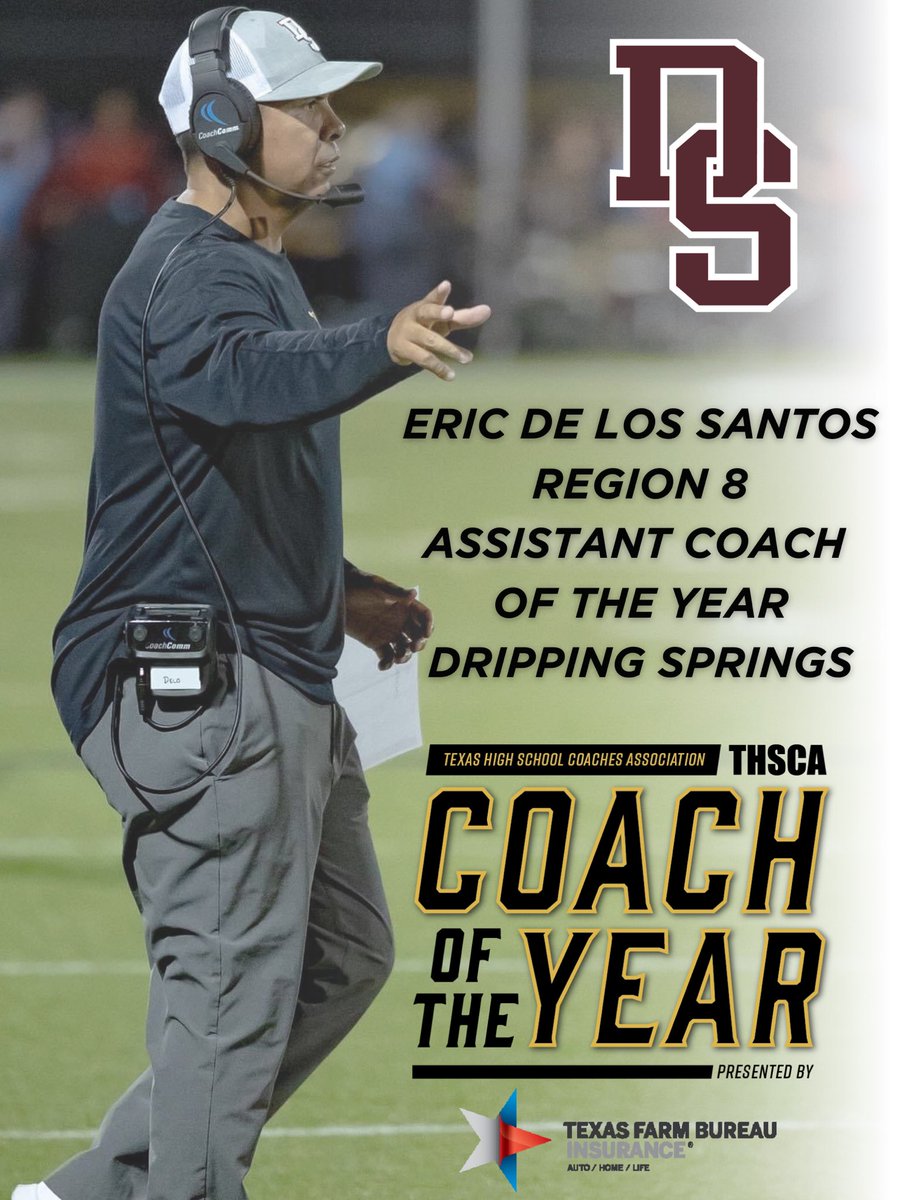 Dripping Springs Tiger Football proudly celebrates Coach De Lo, who was named Region 8-6A Assistant Coach of the Year by the Texas High School Football Association. Go Tigers! #TPD 🐅 @DSISD @DrippingTigers @THSCAcoaches @delossae17 @CoachGZimmerman