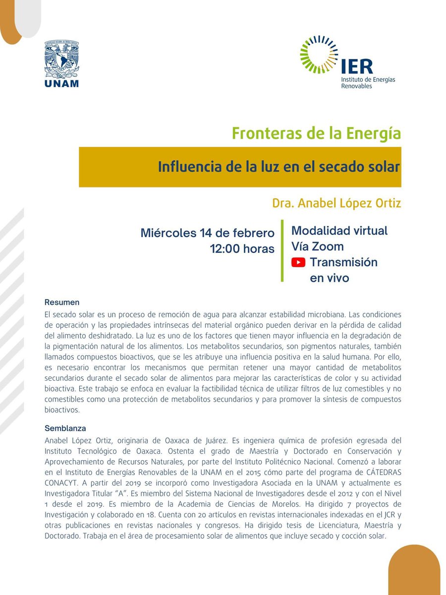 ierunam's tweet photo. Próximo seminario #FronterasDeLaEnergía ⚡️:

☀️ Influencia de la luz en el #SecadoSolar
🎤 Dra. Anabel López Ortiz, Investigadora del #IER
📅 Miércoles 14 de febrero
⌚️ 12:00 horas
📡 Transmisión en vivo por YouTube: https://t.co/waB5dDJoN0 https://t.co/3bkjjqamMO