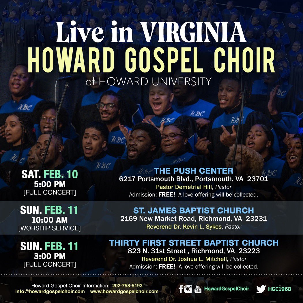 Hey VIRGINIA family! The Howard Gospel Choir is heading to PORTSMOUTH and RICHMOND THIS WEEKEND! • Questions? Connect with us: info (at) howardgospelchoir (dot) com. #Richmond #virginia #portsmouthva #HowardAlumni #HowardGospelChoir @howardgospelchoir howardgospelchoir.com