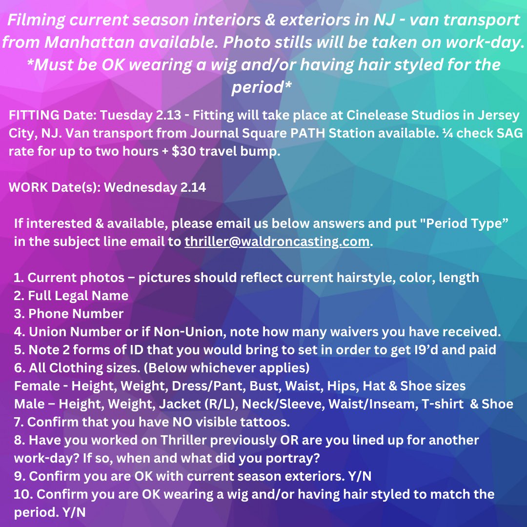 dmwaldron's tweet image. Casting call for TV series, THRILLER. Follow the instructions on how to submit. #waldroncasting #thriller #extrascasting