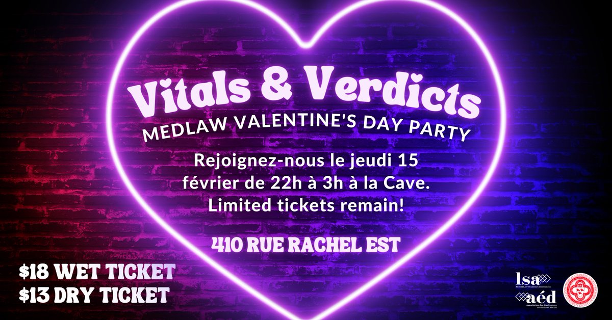 🚨 NEW VENUE ALERT 🚨 Only 2 days are left to get your tickets to Vitals &amp; Verdicts (plus one tickets available) 🏹🩷 Ne manquez pas une soirée remplie d'amour le jeudi 15 février à la Cave ! 🎟️ Achetez vos billets ici : tickettailor.com/events/mcgillf…