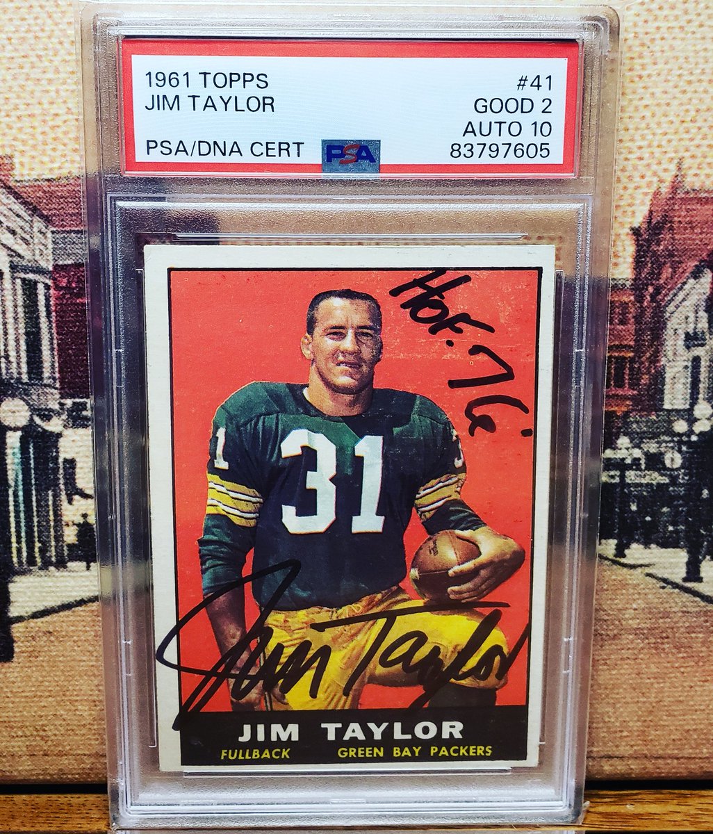 SconnEtradition's tweet photo. Now that the Top 100 Countdown is over we can get into some recent pickups!! 1961 Topps Jim Taylor First Year Packers Uni Auto PSADNA! I'm so glad I was able to make a deal with Garrett at Slab City ! Only a pop around 5. Love this card! #jimtaylor #greenbaypackers https://t.co/218pjfIM0C