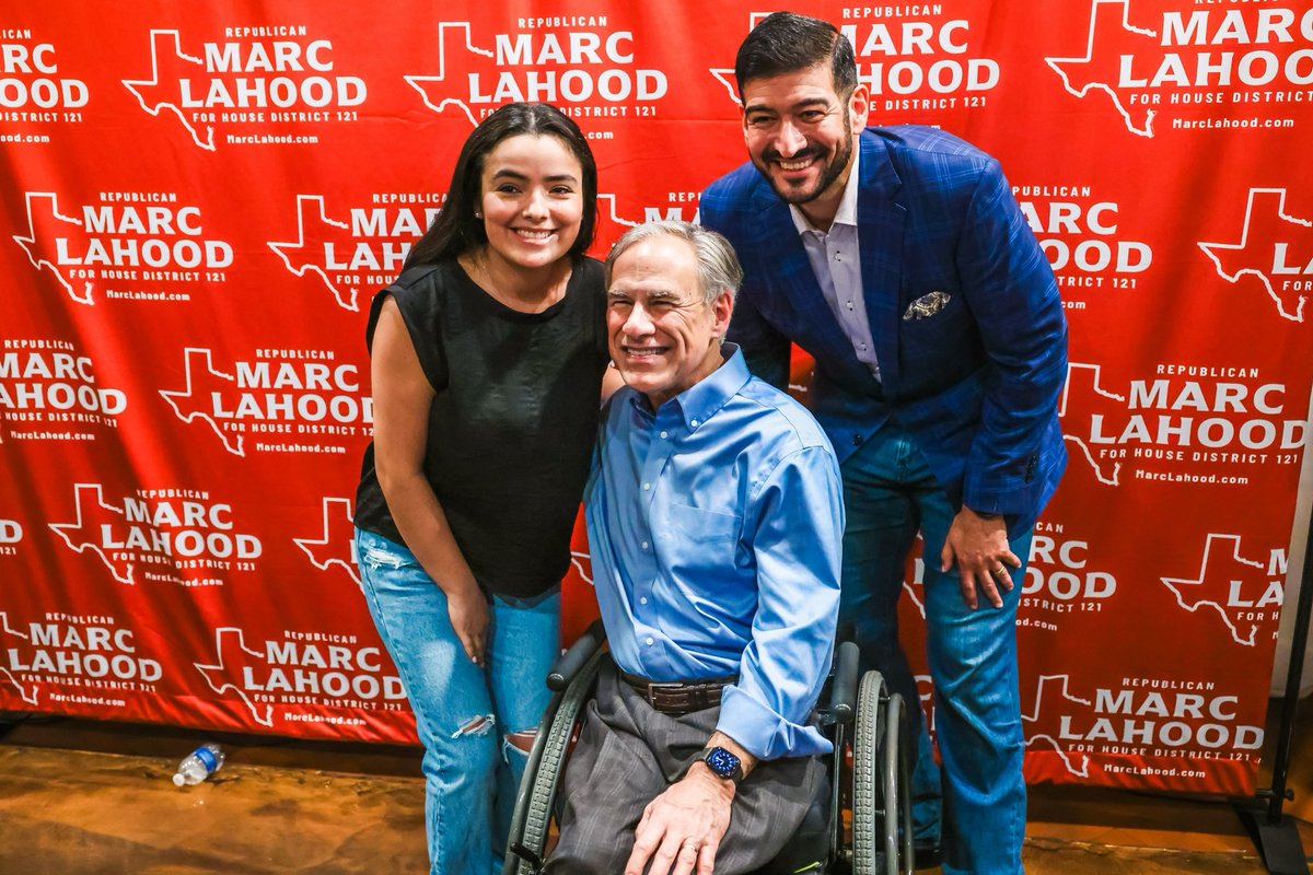GregAbbott_TX's tweet photo. Marc @LaHood4Texas is the conservative champion Texans in House District 121 deserve.

Proud to join Marc on the campaign trail in San Antonio today. 

Together, we’ll secure our border and keep Texas RED. https://t.co/LswfQAmw0o