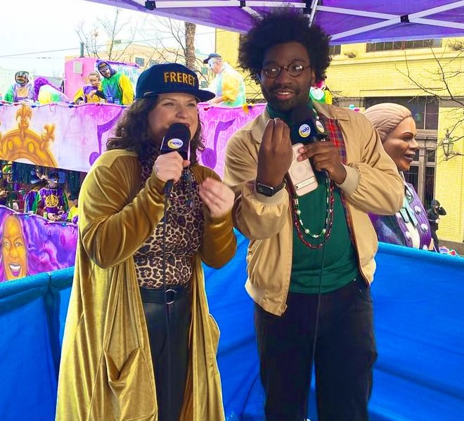 theNOLAproject's tweet photo. We 💜💚💛 our Parade Cam fam! Visit https://t.co/mG3JUJqEqM to see TNP ensemble members and friends of the company host this year's Carnival live feed. https://t.co/kYaMddONNP