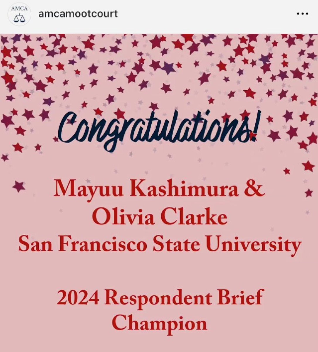 We are thrilled to announce that the SFSU Moot Court team has been named National champion in the written brief competition, with Mayuu Kashimura &amp; Olivia Clarke claiming the title for best respondent brief! We could not be more proud of our Gators!