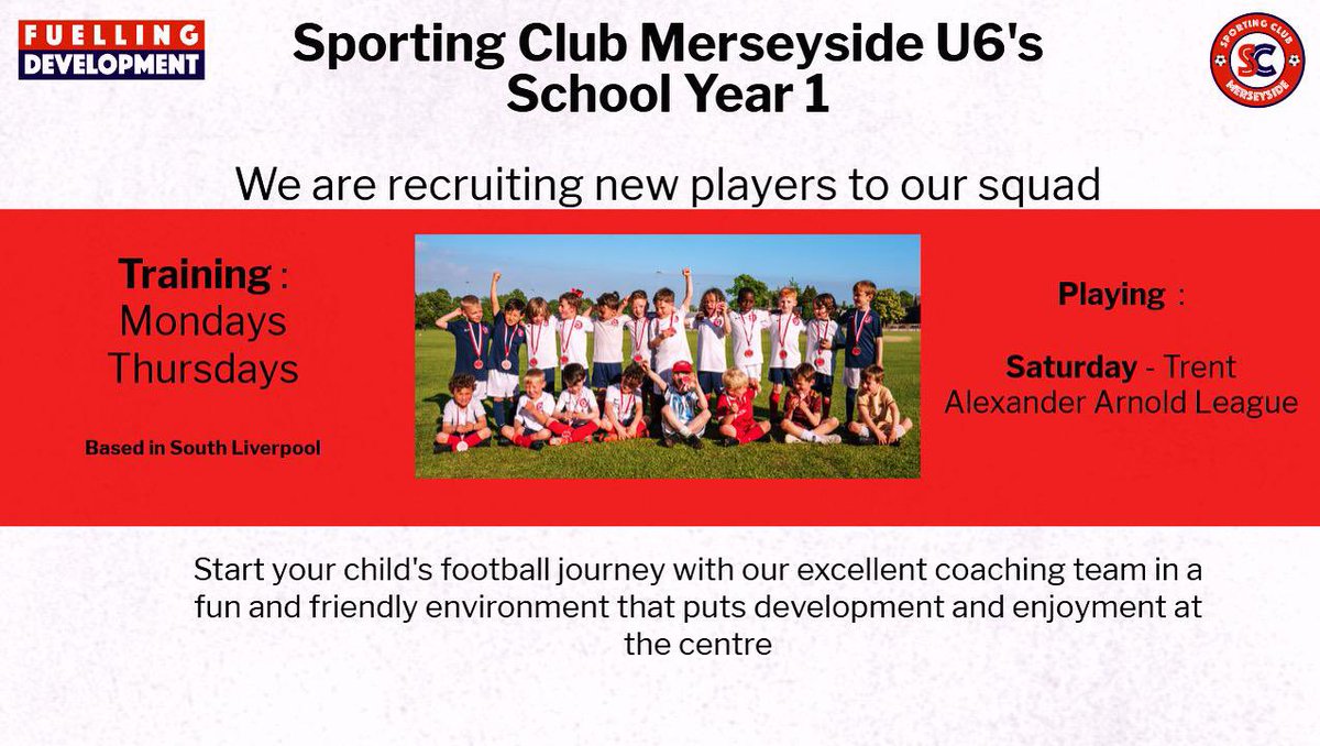 ⚽️ U6s places available! ⚽️

Is your child in school Year 1 and looking to start or continue their footballing journey? We'd love them to come along for a free taster session!

Register now using this link - sportingclubmerseyside.com/free-taster-se…