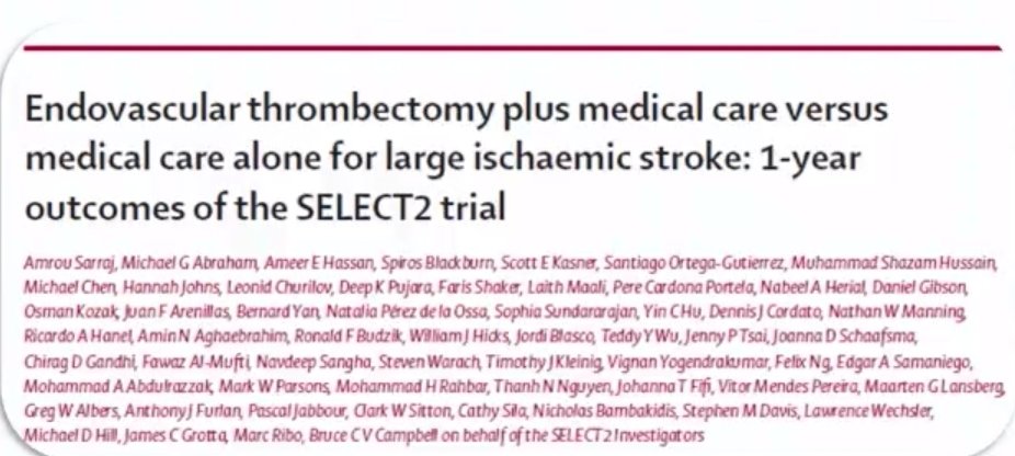 almuftifawaz's tweet image. Congrats, @amrsarrajMD, on pesenting 1 year outcomes of SELECT 2 at #ISC24 &amp;amp; the simultaneous publication in @TheLancet!
At 1 year, follow up: 
- EVT improved functional outcomes and independent ambulation vs.
MM 
- Mortality: EVT: 45% vs MM: 52%, RR: 0.89, 95% CI: 0.71-1.11