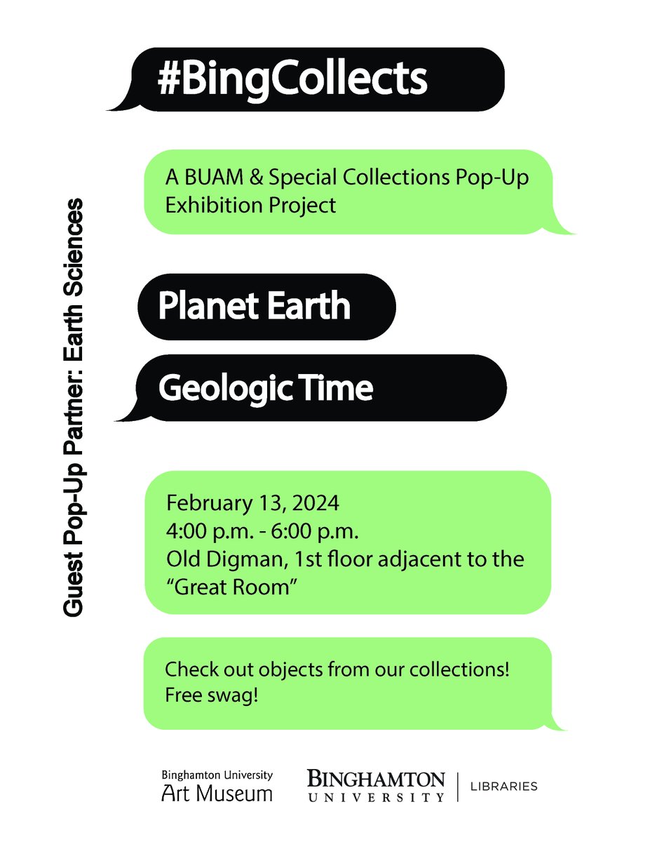 Our next #BingCollects pop-up with BUAM and Earth Sciences will be on February 13, 2024 from 4:00-6:00 pm in Old Digman. Theme: "Planet Earth: Geologic Time." Come see fossils, artwork and books on the theme! Read more about the project: bit.ly/3FbItir