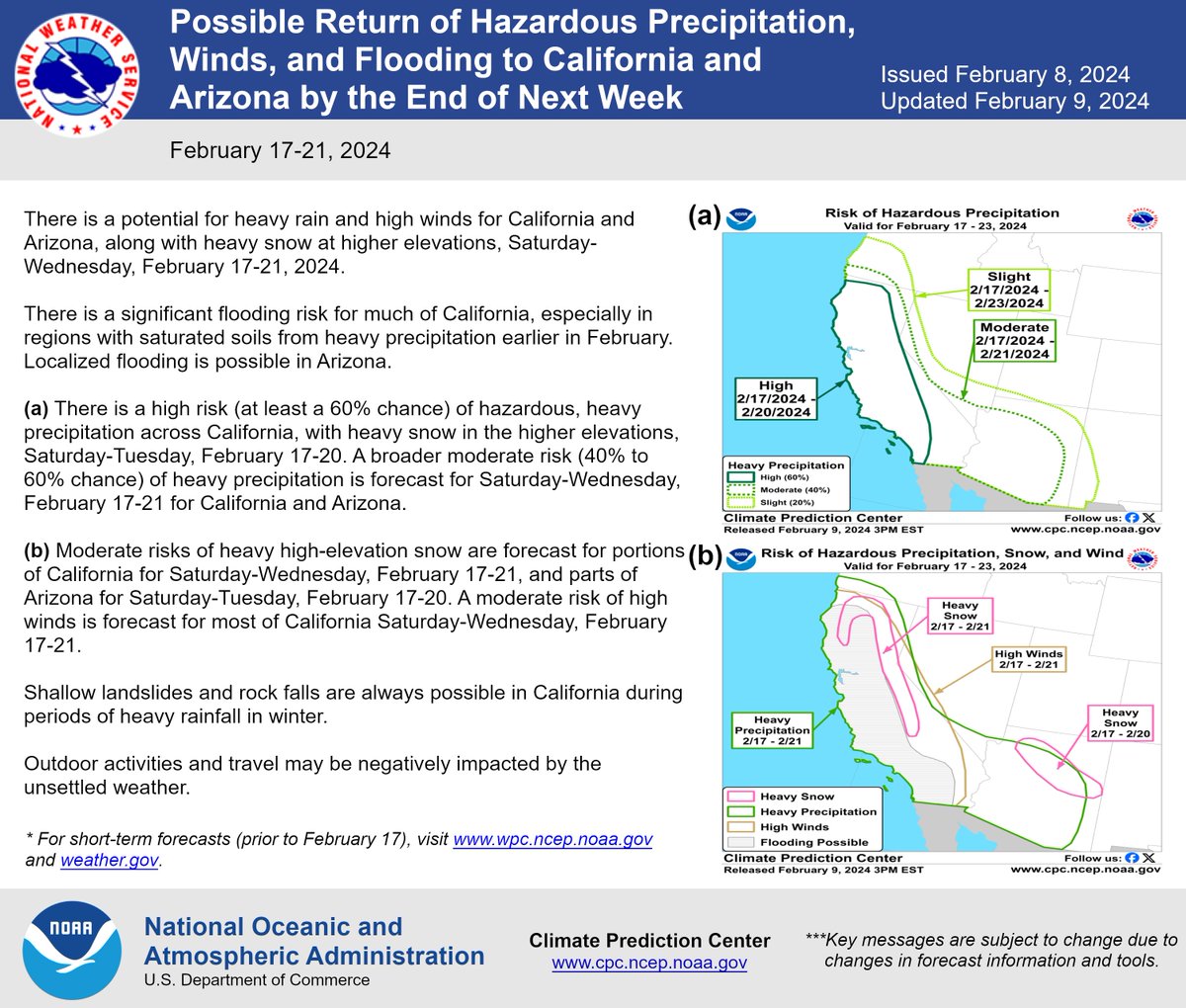 Possible Return of Hazardous Precipitation, Winds, and Flooding to California and Arizona by the End of Next Week. cpc.ncep.noaa.gov/cpc.../CPC-Key…