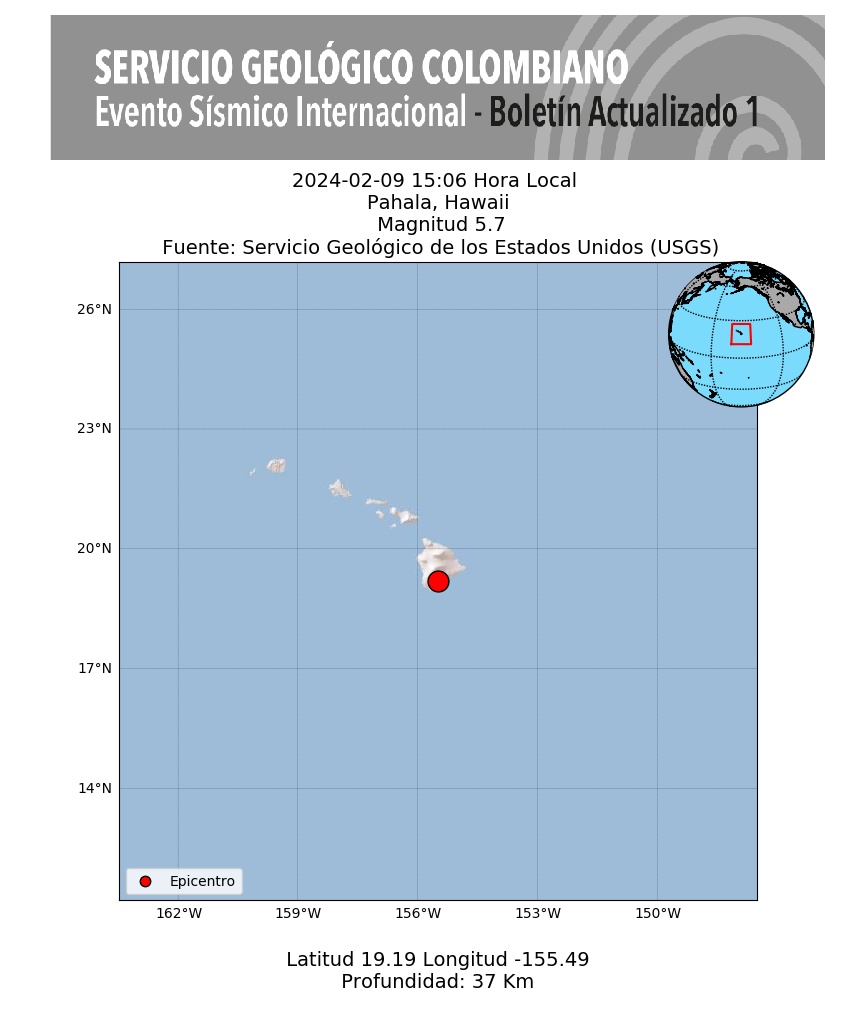sgcol's tweet photo. #SismosColombiaSGC Evento Sísmico Internacional - Boletín Actualizado 1, 2024-02-09, 15:06 hora local. Magnitud 5.7, profundidad 37 km, Pahala, Hawaii #NoticiaEnDesarrollo #Temblor #Sismo Más información: https://t.co/h4VVP0556L https://t.co/6V2AUX6kup