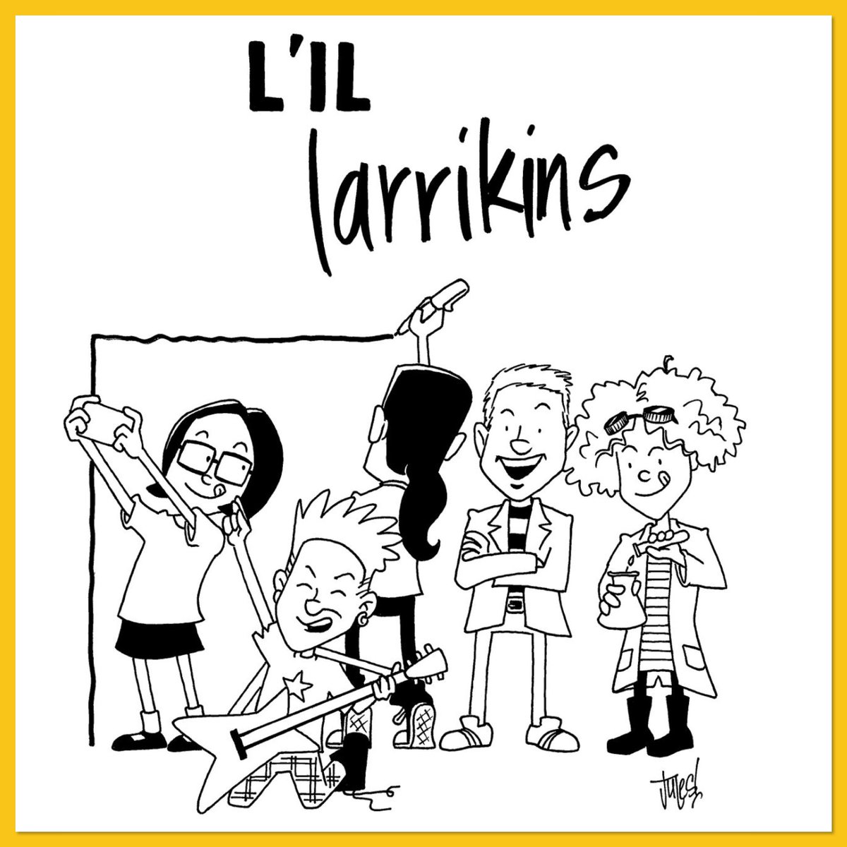What happens when Jules Faber has a slow day? Magic happens! Check out Jules’ l’il larrikins illustrated as ten year olds. Love ya work, Jules! L-R: Dani Vee, James Layton (those tartan pants are everything!), Jules Faber, Adrian Beck & Cristy Burne.