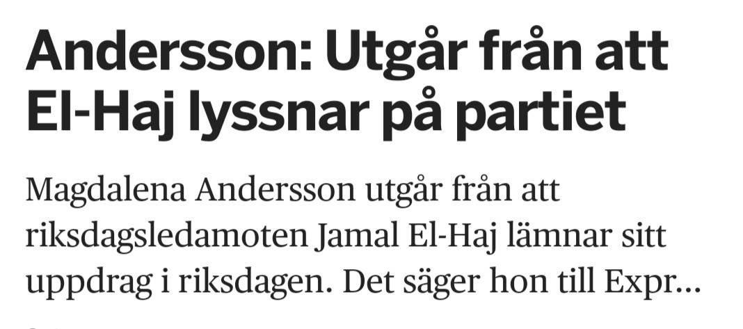 jimmieakesson's tweet photo. Magdalena Andersson, såhär kan man inte bete sig som partiledare. Ljuga sig blå i flera månader för att rädda kvar en islamist, och sedan själv be honom lämna. Du vet lika bra som alla andra att ditt parti är fullkomligt nedlusat med islamister. Ska du lägga sådan här energi på varenda en så kommer du ha att göra fram till långt efter pensionen.

Jag ska vara tydlig. Du och ditt parti kommer inte undan att ni är en aktiv del av den islamistiska rörelsen i Sverige. Jamal El-Haj är inte den förste och tyvärr långt ifrån den siste socialdemokraten med tydliga kopplingar till islamism.

Vi sverigedemokrater kommer inte att spara på krafterna när det gäller att avslöja ert dubbelspel gentemot svenskarna.  

Jag och mitt parti kommer att ligga på er med blåslampa till dess varenda islami(s)t har tvingats krypa fram i dagsljuset. 

Det har du mitt ord på.  

De ska ut ur maktens korridorer och i bästa fall ut ur vårt land.

(Skärmdumpar från SVT respektive Omni)