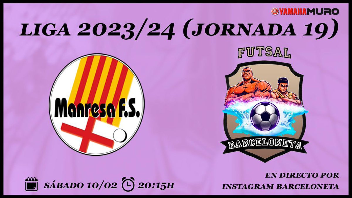 Jornada 1️⃣9️⃣

Partido por la zona alta de la clasificación <a href="/ClubManresaFS/">Covisa Manresa F.S.</a> 

Vamos Barceloneta!💪🖤💜

🆚 <a href="/ClubManresaFS/">Covisa Manresa F.S.</a> 
🕕 Sábado 10 de febrero 20:15h
📺 Instagram Barceloneta 

#vamosbarceloneta #barceloneta #2bgrupo3futsal #futsal <a href="/Futsal2B3/">Futsal 2ªB G3</a>