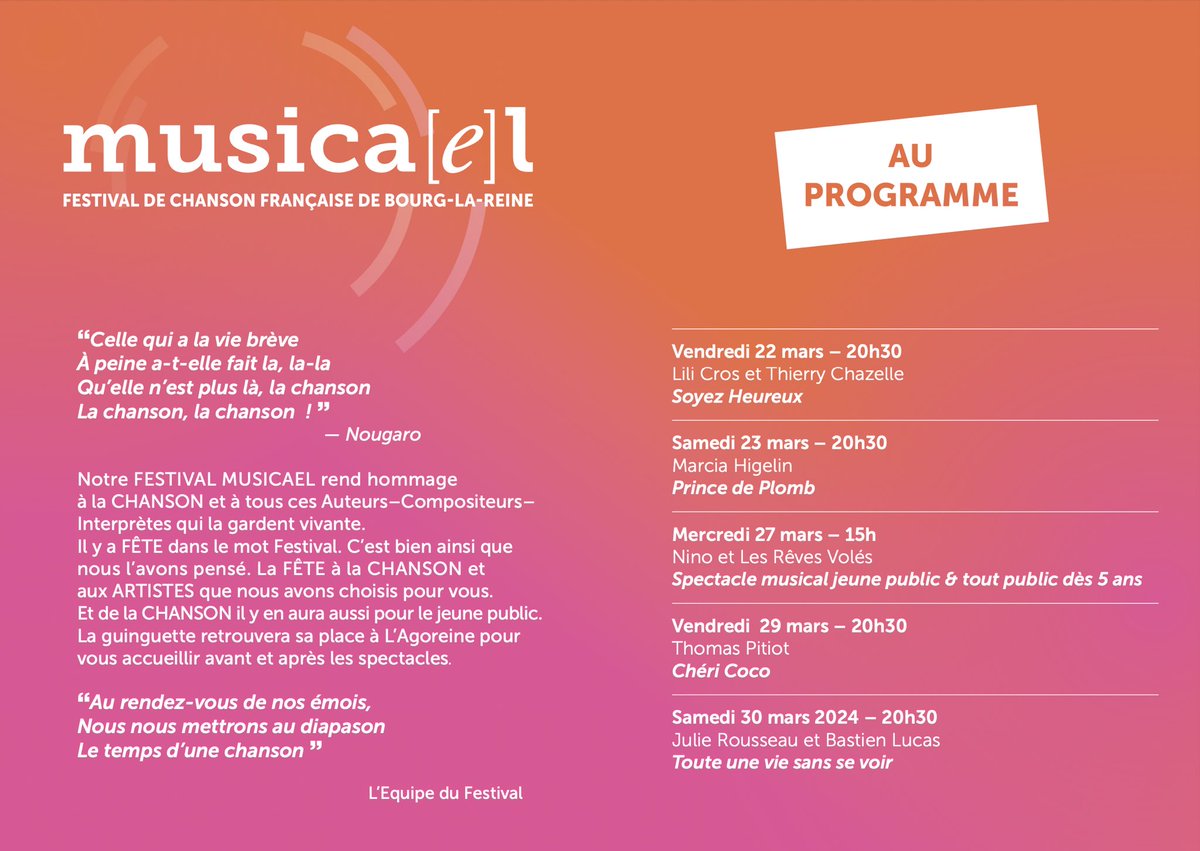 MjcCael's tweet photo. Le festival Musica(e)l 🎶 2024 

⭐️ Lili Cros &amp; Thierry Chazelle
⭐️ Marcia Higelin ⭐️ Nino &amp; les rêves volés ⭐️ Thomas Pitiot ⭐️ Julie Rousseau &amp; Bastien Lucas 

https://t.co/JFCU71X5r8 https://t.co/FJ0YEh2jfa