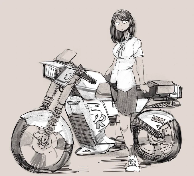 適当な車種を決めてうろ覚えで描くと面白いばいくができるカタナベースにRS250とw-1とEL250seとかが混ざったかんじかな 